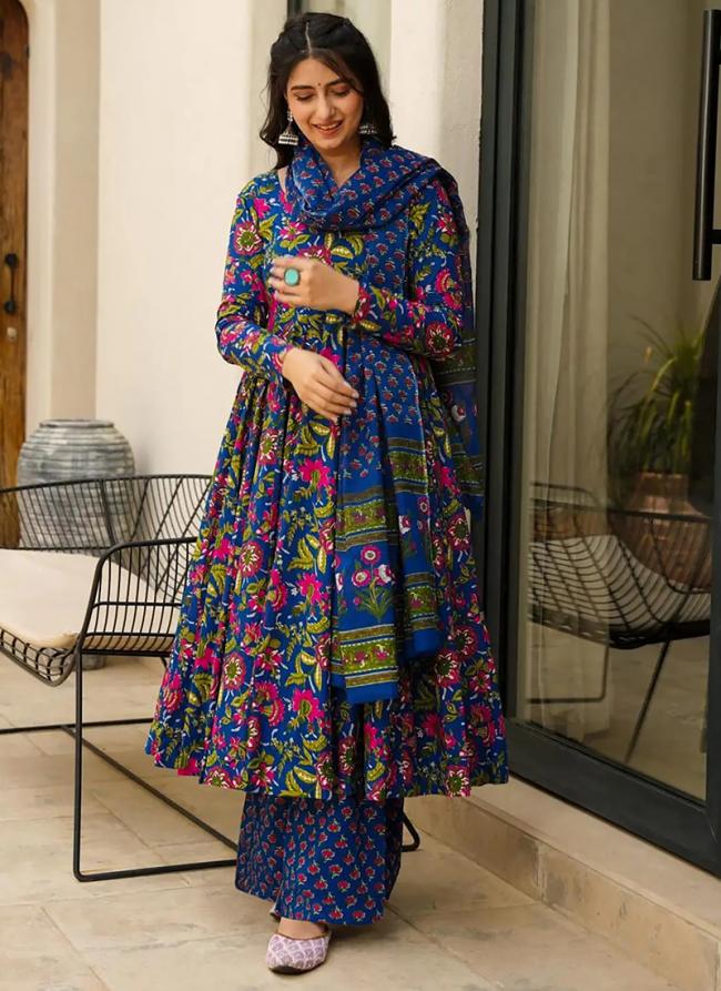 Pure Muslin Blue Festival Wear Printed Readymade Anarkali Suit